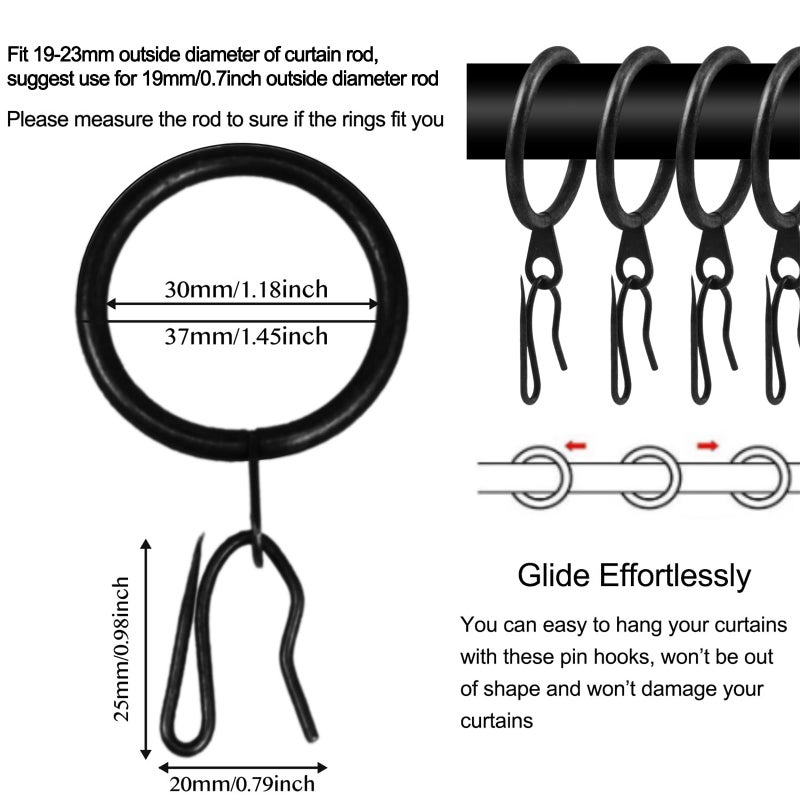 Wision 40 Pcs Metal Curtain Drapery Rings Curtain Rod Rings and 40 Pcs Metal Curtain Drapery Hooks Drapery Pins  30 mm Internal Diameter Decorative Curtain Hanging Rings for Window Door Curtain (Black) - Image 2